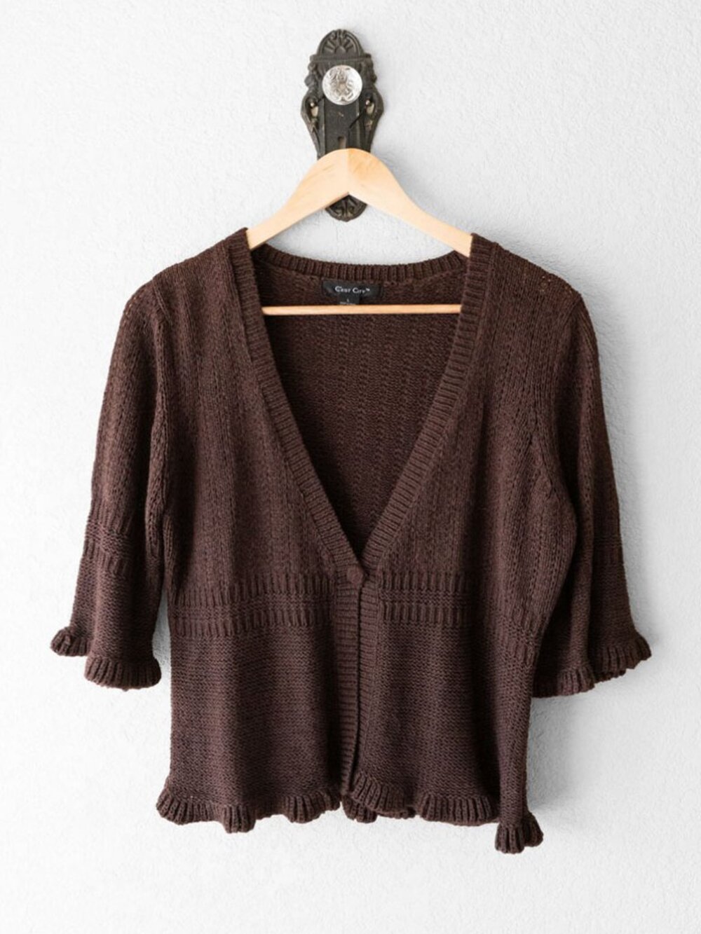 C'est City Cardigan Womens L Chocolate Brown Ruffle Knit Short Sleeve Boho Y2K